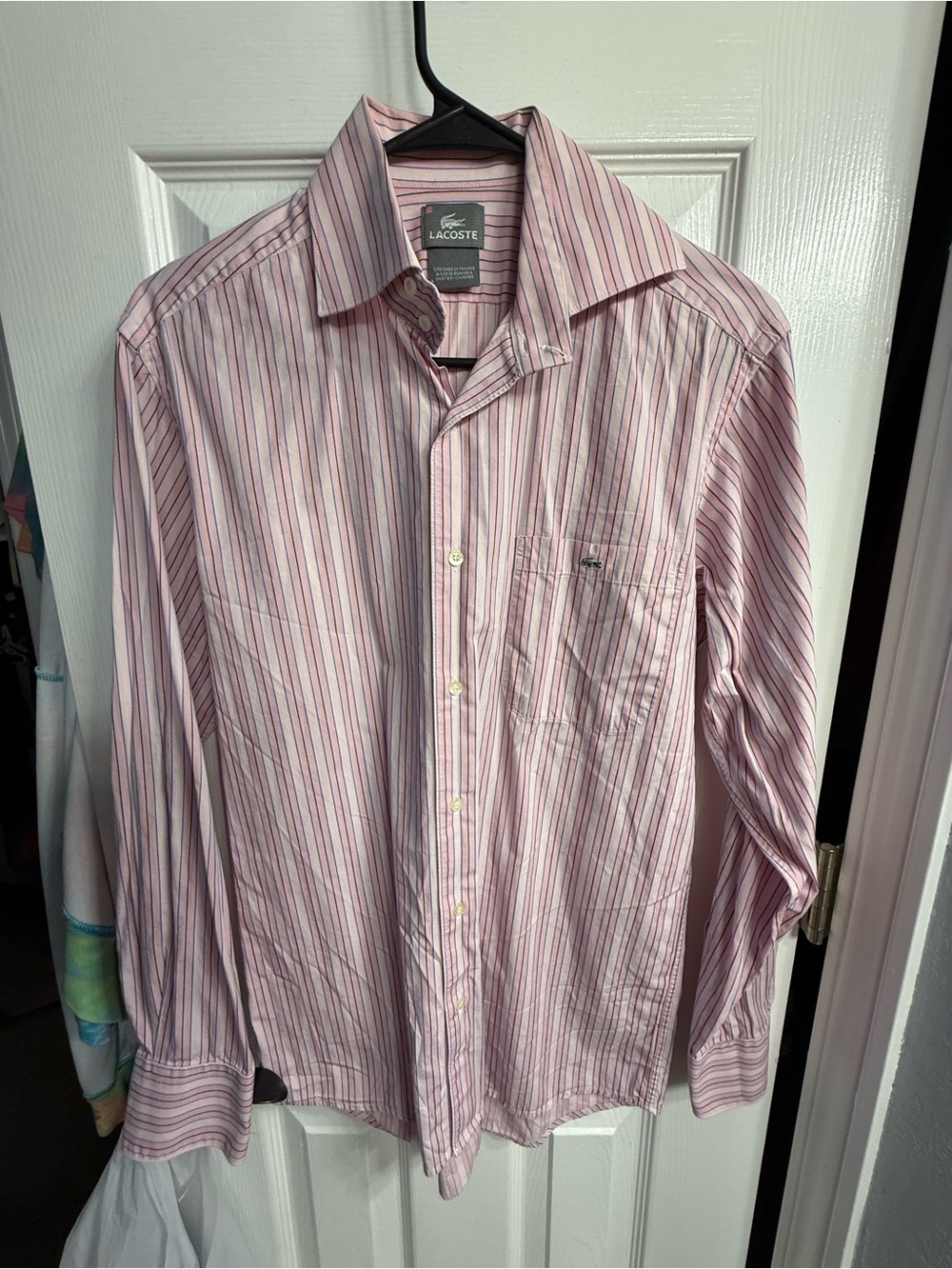Size 38 Lacoste Men’s Pink Striped Long-Sleeve Dress Shirt